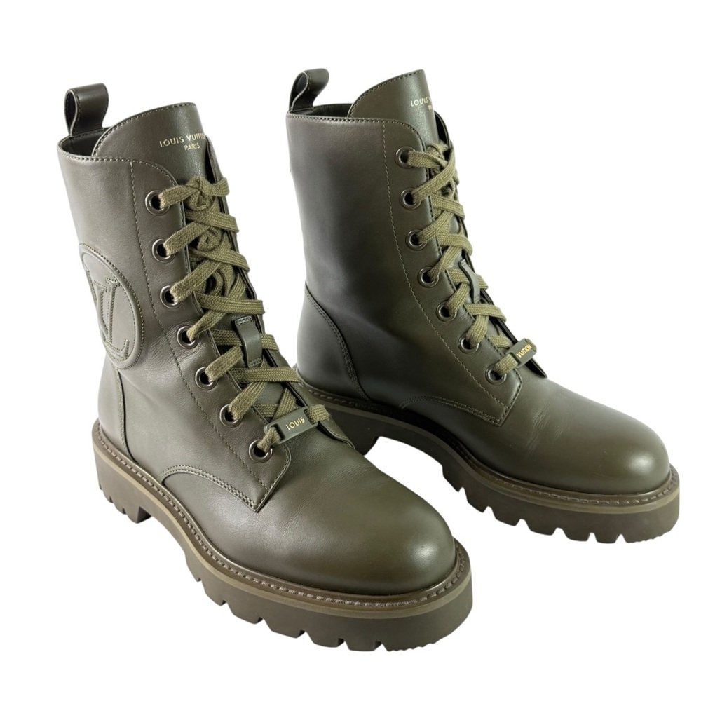 LOUIS VUITTON Green Khaki Flat Territory Women's Ranger Combat Boots 36.5 - 6.5 - Picture 14 of 17